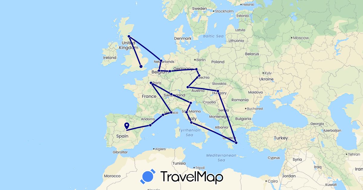 TravelMap itinerary: driving in Belgium, Switzerland, Czech Republic, Germany, Spain, France, United Kingdom, Greece, Hungary, Italy, Monaco, Netherlands (Europe)